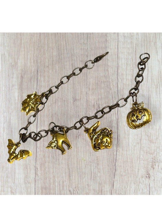 Hand Crafted Jewelry - Hand Crafted Halloween Charm Bracelet Witch Cat Pumpkin Spider Bat Gold